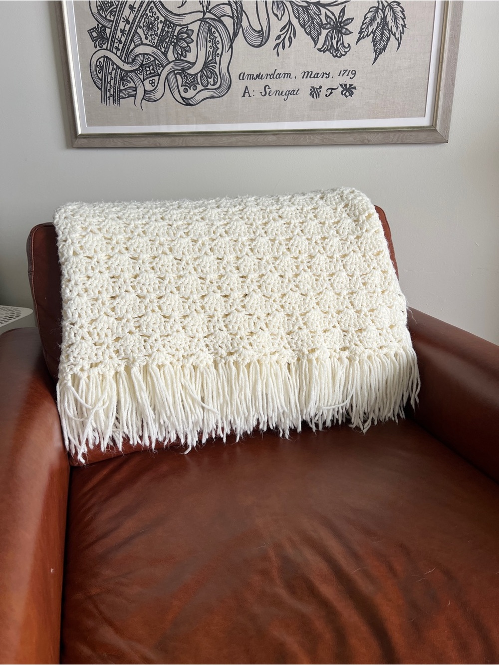 Vintage Handmade Cream Crochet Shell Stitch Throw Blanket with Fringe